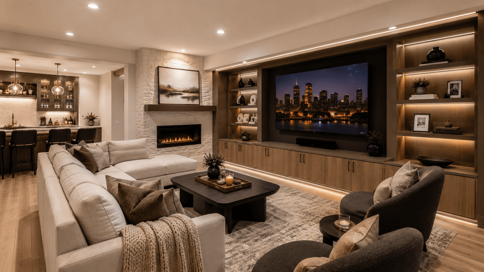 Luxury lower-level family room design concept by Built By Design